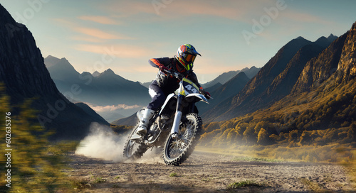 Man, professional motorcyclist in full moto equipment riding crops enduro bike on mountain road at sunset. 3D render background. Concept of motosport, speed, hobby, journey, activity