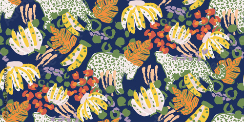 Saturated wild bright tropical positive cheerful multicolored abstract seamless summer patern. Tropics with palms, bananas, leaves, birds and spots of wild animals, tiger and leopard.