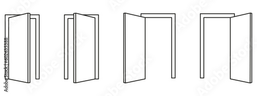 Door icons set. Open, close and ajar door. Doors collection.