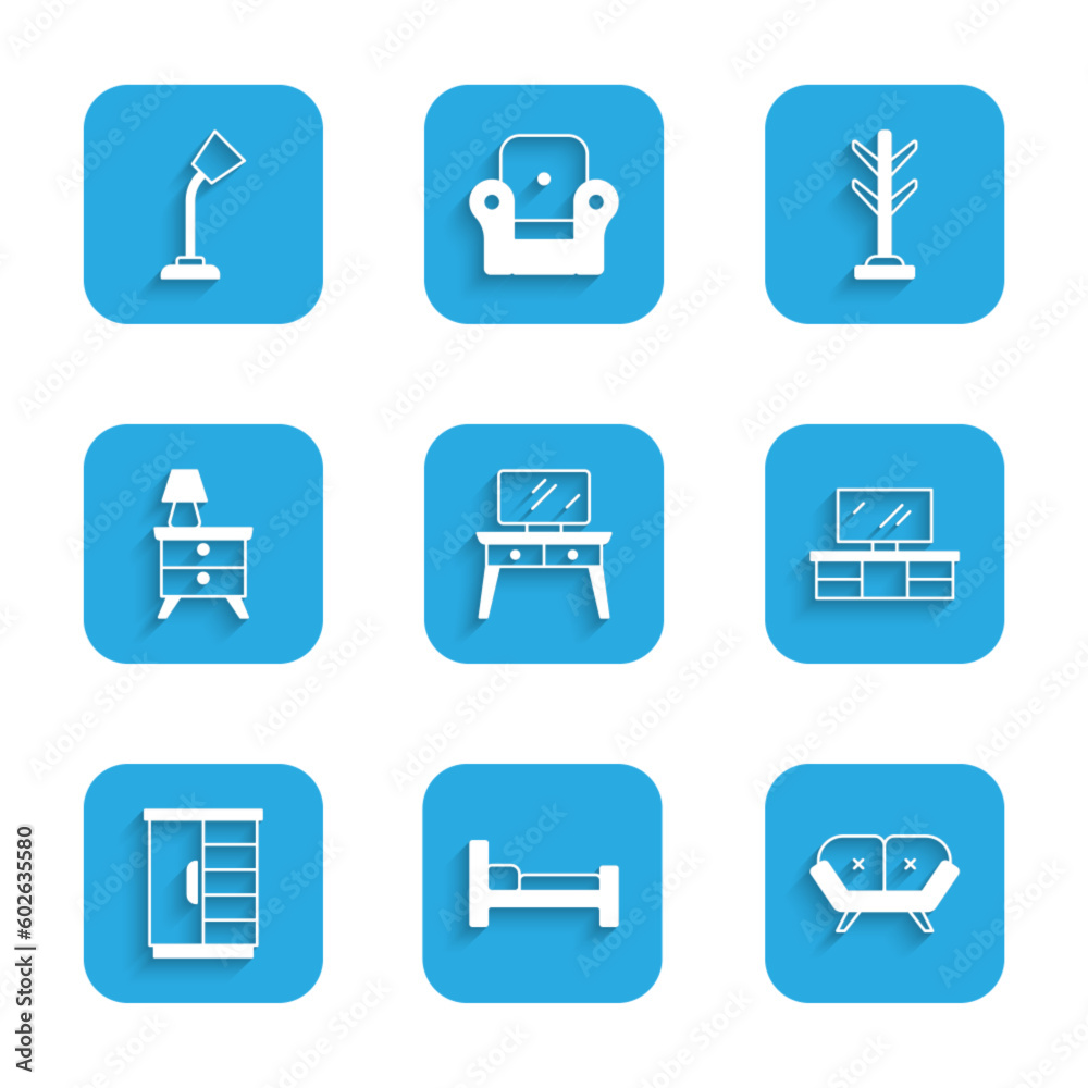 Set Dressing table, Bed, Sofa, TV stand, Wardrobe, Nightstand with lamp, Coat and Table icon. Vector Set Dressing table, Bed, Sofa, TV stand, Wardrobe, Nightstand with lamp, Coat and Table icon. Vector