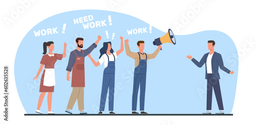 Workers demand jobs from management representative, concept of unemployment. Industrial action, economical crisis, bankrupt company, protest demonstration Vector cartoon flat illustration