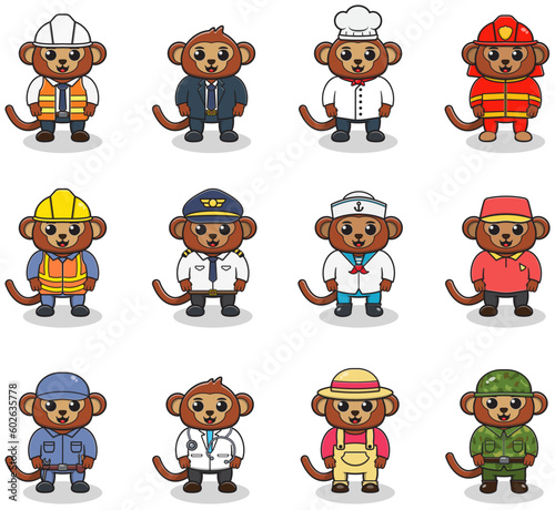 Vector set of cute Monkey with different professions. Cartoon cute Monkey dressed in different occupation uniform. Vector characters with jobs different occupation.