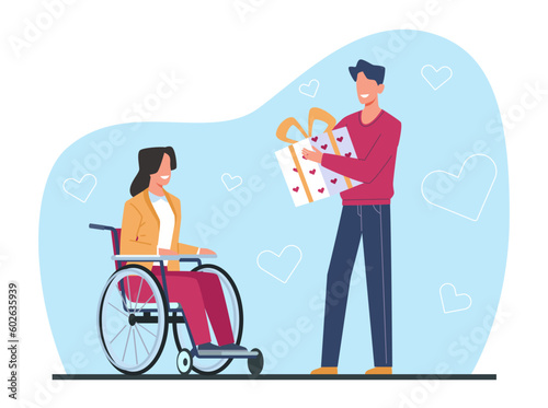 Young man gives gift to woman in wheelchair. Disabled people celebrate birthday party, volunteer boy congratulate girl with surprise present. Cartoon flat style isolated vector concept