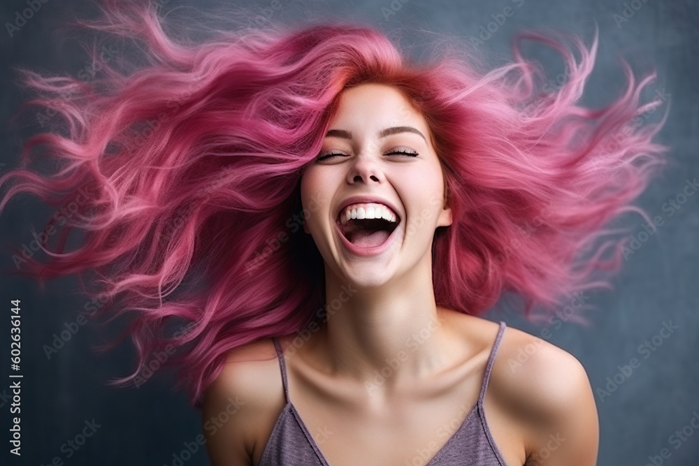 Portrait of beautiful teen girl with pink hair laughing. Generative AI.