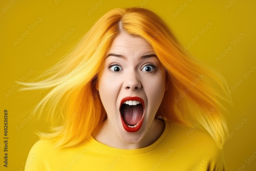  Yellow hair girl angry and mad screaming frustrated and furious, shouting with anger, rage and aggressive. Generative AI.