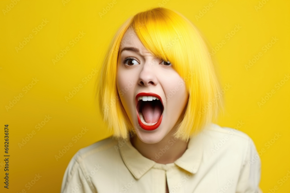 Yellow hair girl angry and mad screaming frustrated and furious, shouting with anger, rage and aggressive. Generative AI. Yellow hair girl angry and mad screaming frustrated and furious, shouting with anger, rage and aggressive. Generative AI.