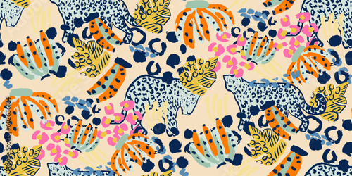 Saturated wild bright tropical positive cheerful multicolored abstract seamless summer patern. Tropics with palms, bananas, leaves, birds and spots of wild animals, tiger and leopard.