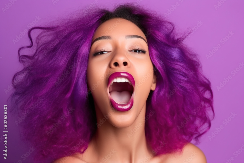Emotional african american lady with purple hair shouting in excitement. Generative AI.