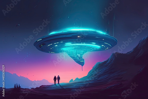 Sci-fi scene showing the spaceship abducting human at the night, digital art style, illustration painting