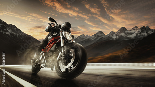 Bottom view image of man, professional motorbike rider on road, riding with high speed around mountains on sunset. 3D render background. Concept of motosport, speed, hobby, journey, activity