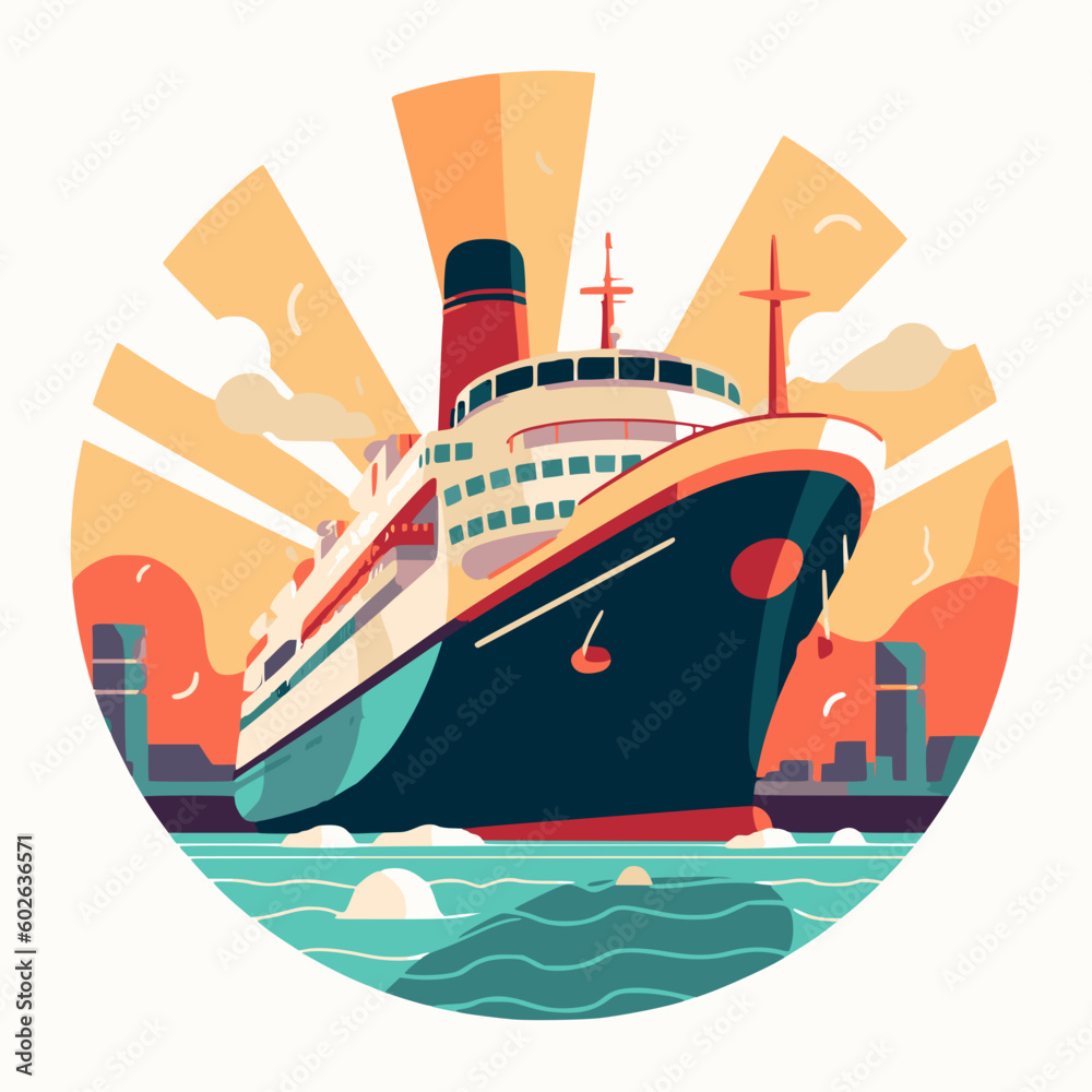 Simple cruise ship at port; sunset style - obrazy, fototapety, plakaty 