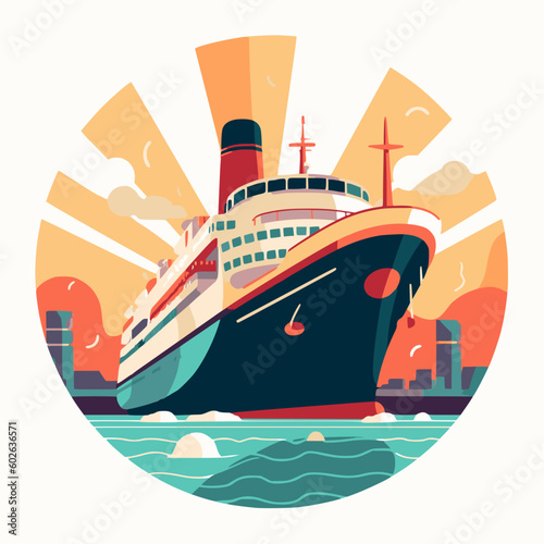 Simple cruise ship at port; sunset style