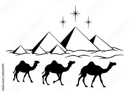 Camels and pyramids. Vector design.