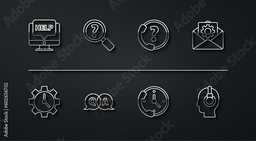 Set line Computer monitor and help, Time Management, Envelope setting, Telephone 24 hours support, Question Answer, Unknown search, Support operator touch and icon. Vector