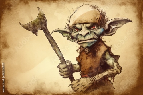 Digital painting of a kobold creature, resembling a rodent, wearing primitive armor and wielding weapons, isolated on a white background - fantasy illustration - Generative AI photo