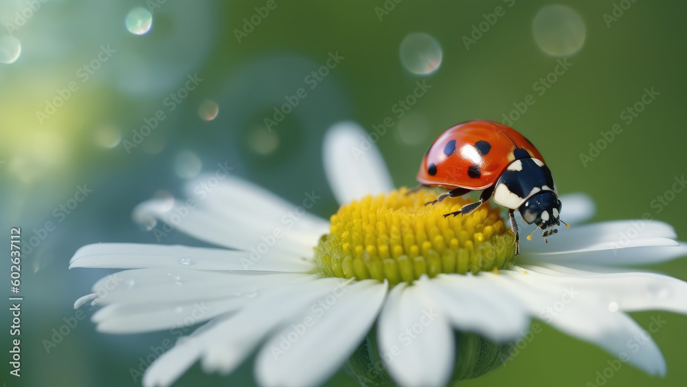 Macro closeup photography of beauty beautiful black and red ladybug sits on camomile flower, in summer / springtime, at garden, isolated on blurred background. Generative AI Macro closeup photography of beauty beautiful black and red ladybug sits on camomile flower, in summer / springtime, at garden, isolated on blurred background. Generative AI