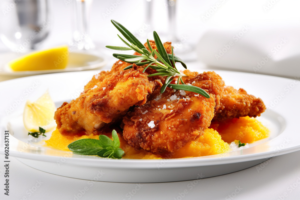A white plate topped with fried chicken covered in sauce and garnished with a sprig of rosemary. Generative AI. A white plate topped with fried chicken covered in sauce and garnished with a sprig of rosemary. Generative AI.