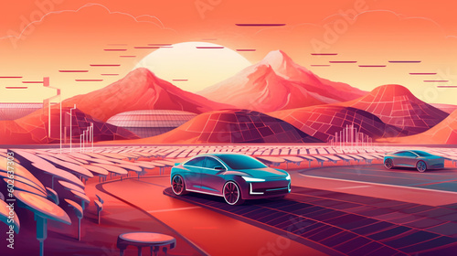 illustration of an autonomous charging parking lot where an electric car is charged from the ground, generated by AI