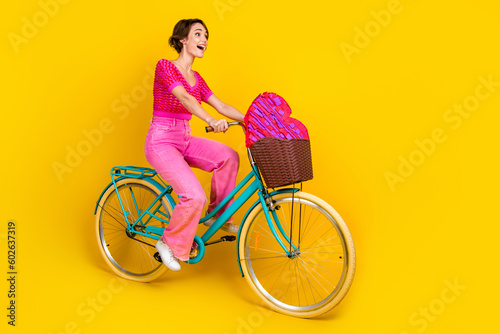 Fototapeta Naklejka Na Ścianę i Meble -  Full body photo of youth funny girl riding retro bicycle basket with valentine day postcard have fun summertime isolated on yellow color background