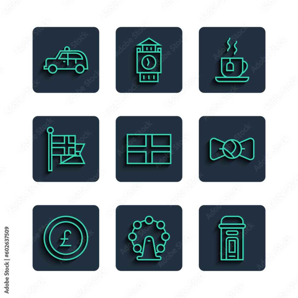 Set line Coin money with pound, London eye, phone booth, Cup of tea tea bag, Flag England, flag flagpole, Taxi car and Bow tie icon. Vector Set line Coin money with pound, London eye, phone booth, Cup of tea tea bag, Flag England, flag flagpole, Taxi car and Bow tie icon. Vector