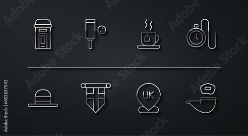 Set line London phone booth, Elegant women hat, Watch with chain, Location England, flag pennant, Wood cricket bat ball, Smoking pipe and Cup of tea tea bag icon. Vector
