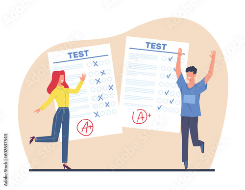 Young smiling girl student and boy are happy with high results of exam. Smart man and woman rejoice in success on test at university or college cartoon flat style isolated vector concept