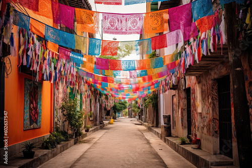 A narrow alley with colorful flags hanging across the street. Day of the Dead, AI generative festival decorations. © Friedbert