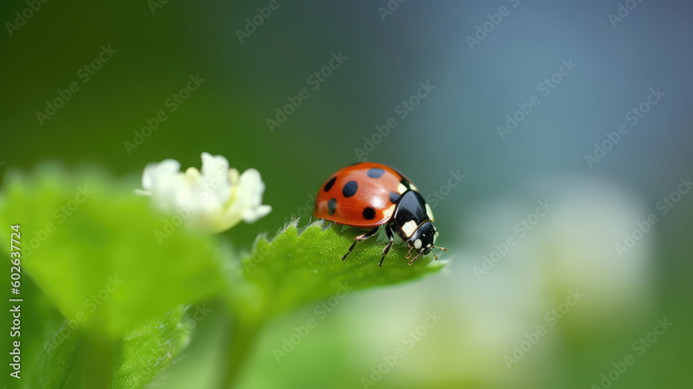 Macro closeup photography of beauty beautiful black and red ladybug sits on camomile flower, in summer / springtime, at garden, isolated on blurred background. Generative AI