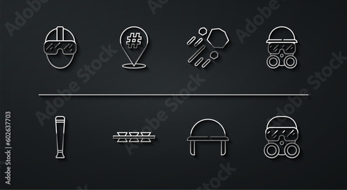 Set line Special forces soldier, Police rubber baton, Gas mask, Military helmet, Barbed wire, Protest, and Flying stone icon. Vector
