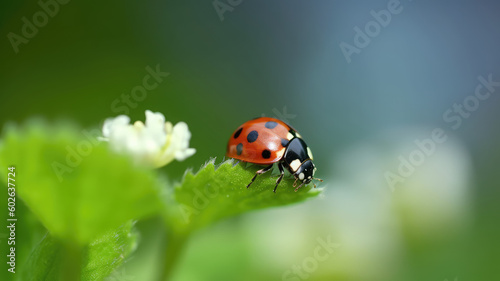 Macro closeup photography of beauty beautiful black and red ladybug sits on camomile flower, in summer / springtime, at garden, isolated on blurred background. Generative AI © Assyifa Sisters