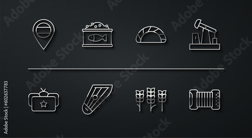 Set line Location Russia, Ushanka, Oil pump or pump jack, Wheat, Kankles, Tin can with caviar, Accordion and Dumpling icon. Vector