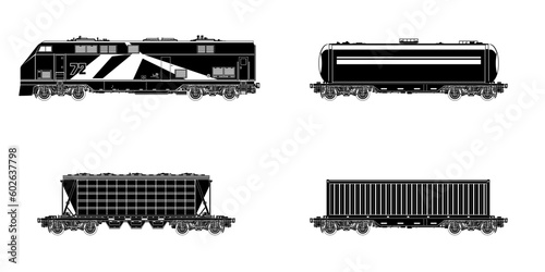 Railway freight wagons, black locomotive silhouette with wagons on a white background, car the tank, hopper car and container platforms, vector illustration