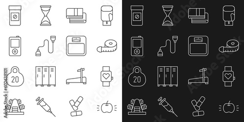 Set line Apple, Smart watch, Tape measure, Towel stack, Chest expander, Music player, Anabolic drugs and Bathroom scales icon. Vector