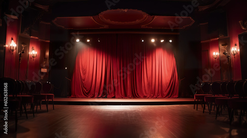 A stage with a red curtain and chairs. Generative AI.