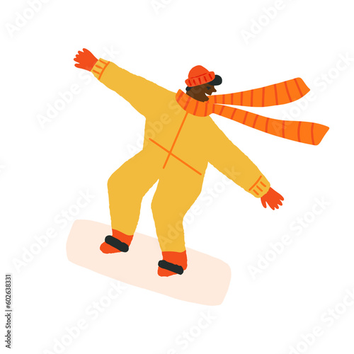 The cute young man on the snowboard in the yellow jumpsuit snowboarding during winter vacation. Outdoor winter pastime.