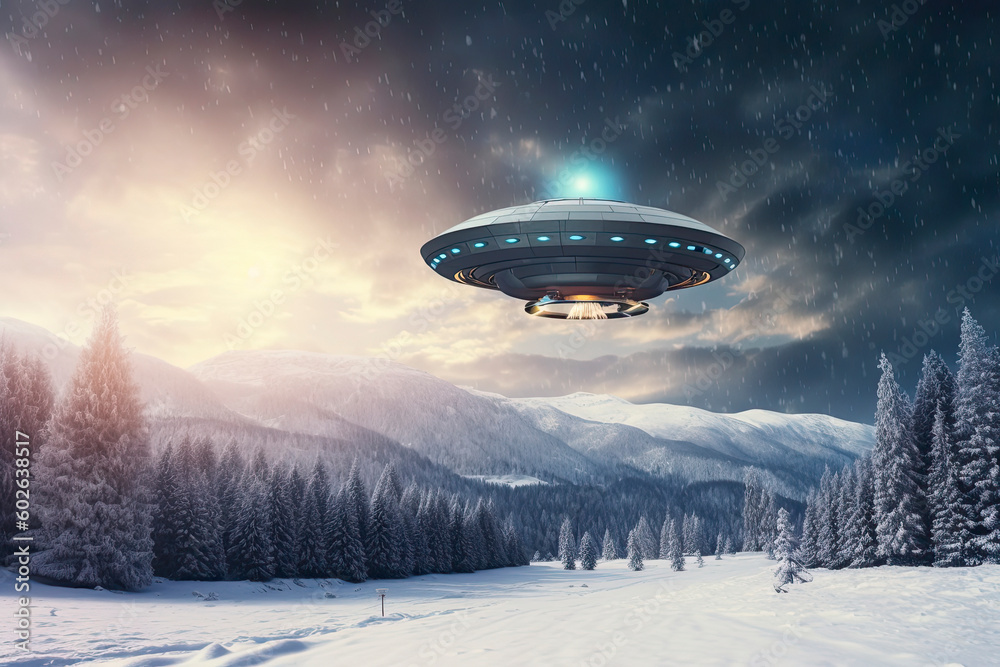 UFO, alien saucer hovering over the winter landscape in the sky. Unidentified flying object UFO, alien saucer hovering over the winter landscape in the sky. Unidentified flying object
