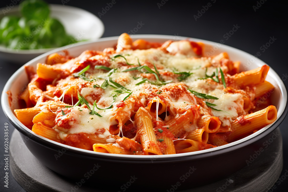 Ziti al forno - baked ziti pasta dish with tomato sauce and cheese. Generative AI. Ziti al forno - baked ziti pasta dish with tomato sauce and cheese. Generative AI.