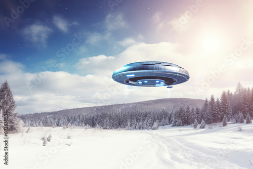 UFO  alien saucer hovering over the winter landscape in the sky. Unidentified flying object