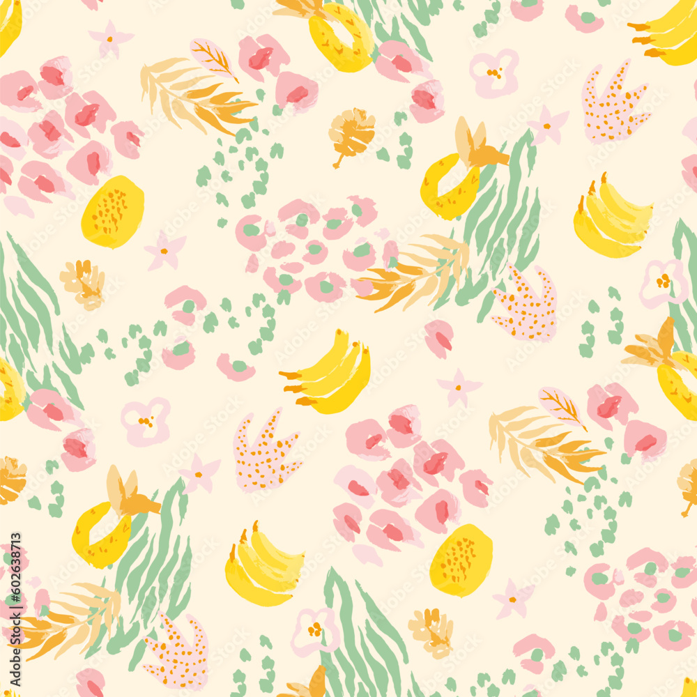 Bright, juicy seamless pattern of abstract shapes, fruits, citrus lemons, oranges and anans. Bright modern colors of tropical background.