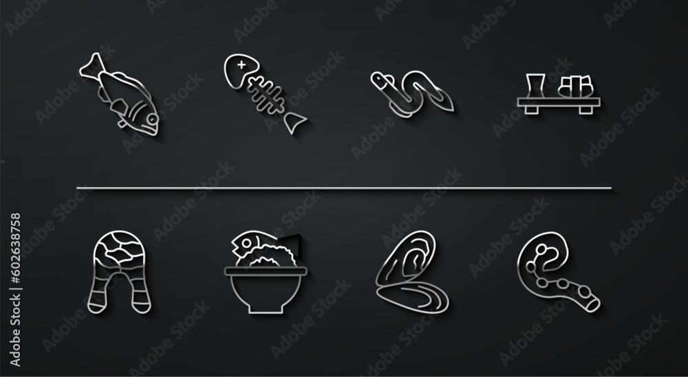 Set line Fish, steak, Sushi on cutting board, Mussel, Served fish bowl, skeleton, Octopus of tentacle and Eel icon. Vector