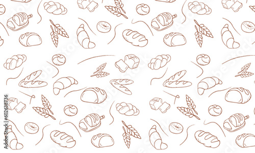Bakery products doodle beige seamless pattern. Vector background included line icons as - pretzel, croissant, bagel, donut, challah, baguette, cinnamon roll. Wallpaper for bread and confectionery