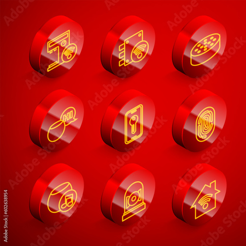 Set line Smart coffee machine, Digital door lock, Water sensor, Voice assistant, key, Fingerprint, and Ringing alarm bell icon. Vector