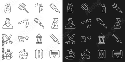 Set line Electrical hair clipper, Curling iron, Cream cosmetic tube, Spray can for hairspray, Straight razor, Client barbershop, Bottle of shampoo and icon. Vector