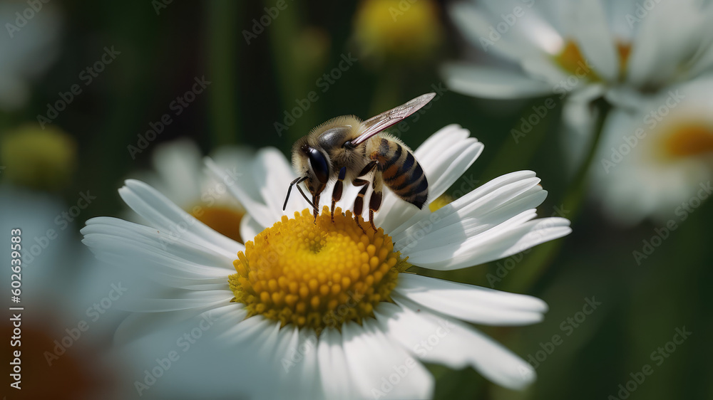 Macro closeup photography of beauty beautiful black and orange bee sits on camomile flower, in summer / springtime, at garden, isolated on blurred background. Generative AI Macro closeup photography of beauty beautiful black and orange bee sits on camomile flower, in summer / springtime, at garden, isolated on blurred background. Generative AI