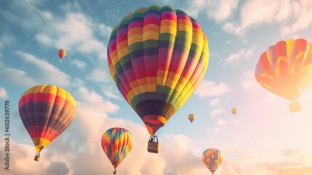 Obraz premium A group of hot air balloons flying in the sky. Generative AI.