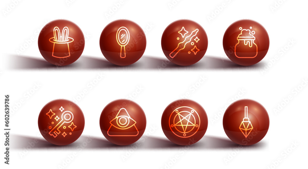 Set line Magician hat and rabbit ears, Old magic key, Witch cauldron, Pentagram in circle, All-seeing eye of God, hand mirror, stone and wand icon. Vector Set line Magician hat and rabbit ears, Old magic key, Witch cauldron, Pentagram in circle, All-seeing eye of God, hand mirror, stone and wand icon. Vector