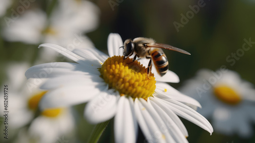 Macro closeup photography of beauty beautiful black and orange bee sits on camomile flower, in summer / springtime, at garden, isolated on blurred background. Generative AI