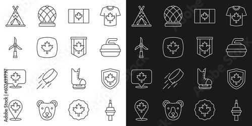 Set line TV CN Tower in Toronto, Canada flag shield, Stone for curling, Flag of, Canadian maple leaf, Wind turbine, Indian teepee wigwam and Pennant icon. Vector