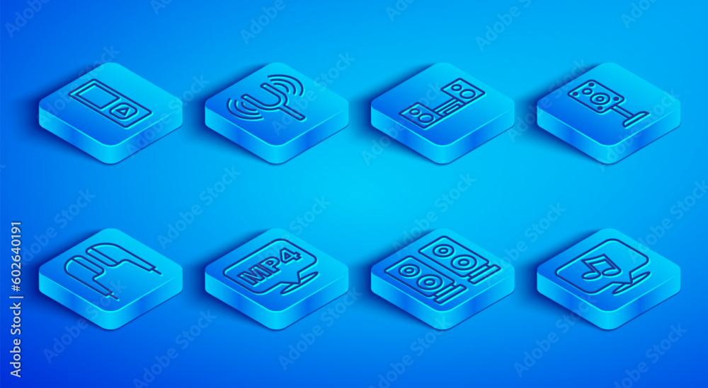 Set line Music player, Musical tuning fork, Home stereo with two speakers, MP4 file document, Stereo, Air headphones and note, tone icon. Vector Set line Music player, Musical tuning fork, Home stereo with two speakers, MP4 file document, Stereo, Air headphones and note, tone icon. Vector