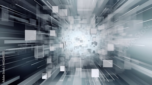 Cubes in a tunnel with white squares background. Created with Generative AI tools.